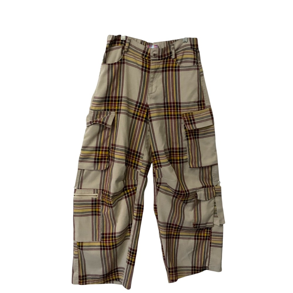 Urban Outfitters Plaid Cargo Pants Beige Yellow Burgundy Women's Size Small - Picture 2 of 8